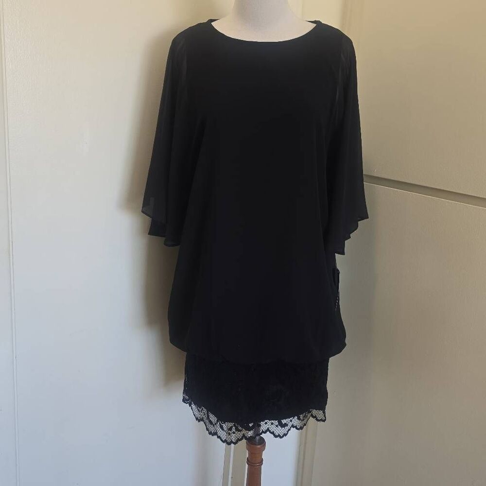MSK Black Chiffon Blouson Dress, Flutter Sleeves, Lace Bottom, NWT, SZ. M